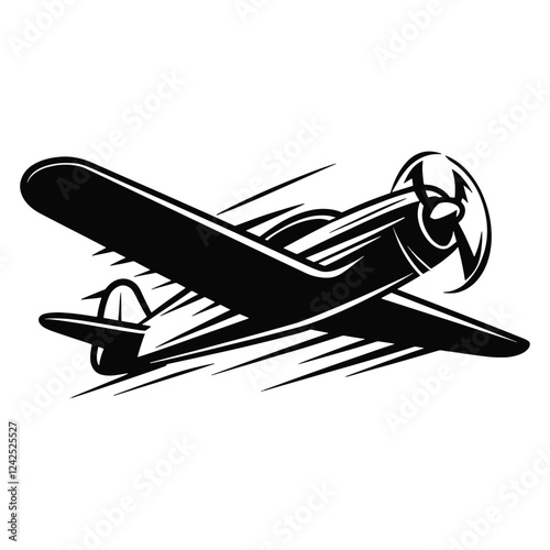 Silhouette of an airplane in motion with dynamic speed trails, symbolizing fast travel and aviation. Isolated on a white background. 