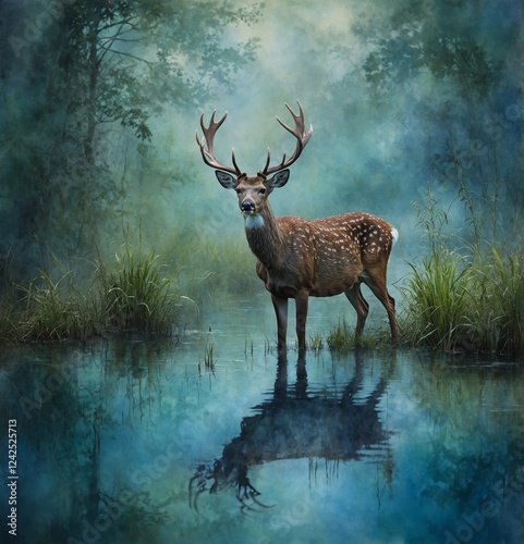 An artistic watercolor painting of a swamp deer in a dreamy landscape of blues and greens.