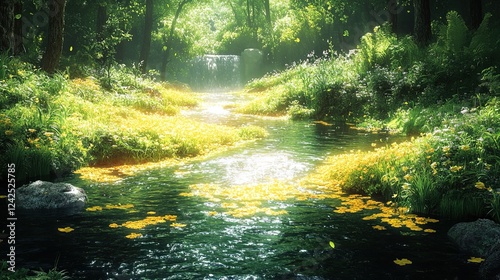 Sunlit forest stream with waterfall and floating petals