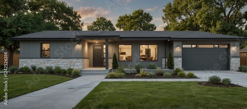 A contemporary gray ranch-style home with simple design elements, including a low roof, wide windows