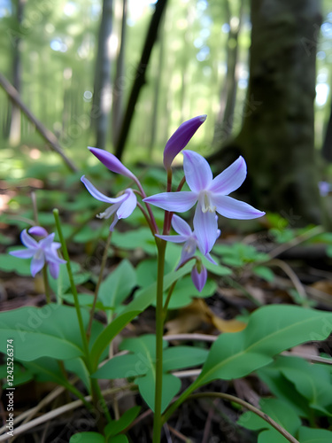 Beautiful and rare Northern flower Calypso orchid, Calypso bulbosa blooming in lush summery taiga forest, Oulanka National Park. photo