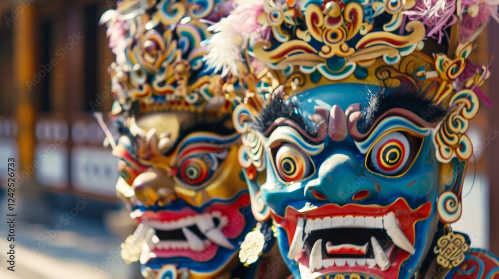Two Intricate Tibetan Ritual Masks in a Monastery Courtyard Two Intricate Tibetan Ritual Masks in a Monastery Courtyard