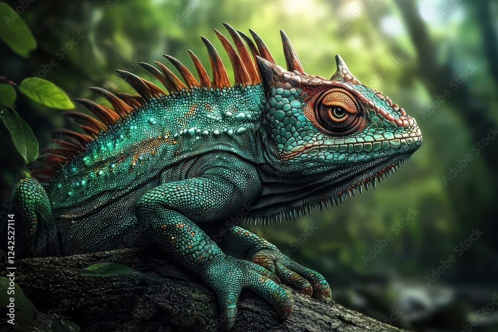 Obraz premium A vibrant portrait of a colored chameleon set against a lush forest backdrop.