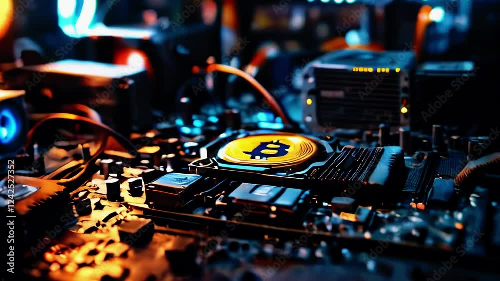 Close-up view of a cryptocurrency mining setup with a Bitcoin logo on a circuit board amidst glowing lights