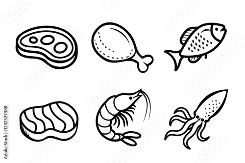A set of hand-drawn meat and seafood icons, including a steak, drumstick, fish, salmon, shrimp, and squid, in black outline style