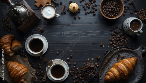 Delicious Coffee and Croissant Breakfast Table Flatlay: Dark Wood Background with Coffee Beans, Cups, Grinder, and Pastries