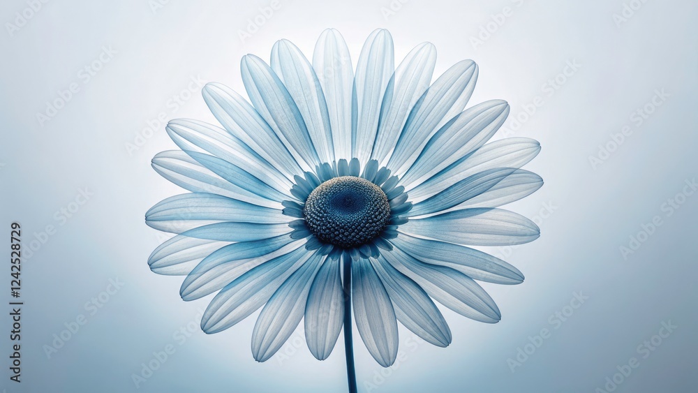 Obraz premium Minimalist X-ray Style Image of Delicate Daisy with Floral Structure in White and Blue Hues for Botanical Art Lovers