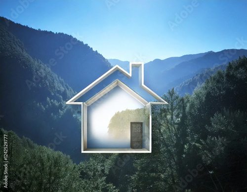 Generated Image by Firefly. Line drawing of a house with blurred nature images, the concept of living with nature and building a sustainable house.