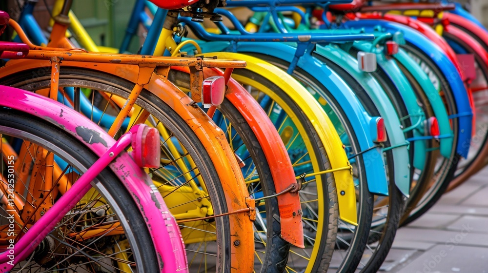 Brightly painted bicycles in a row Brightly painted bicycles in a row