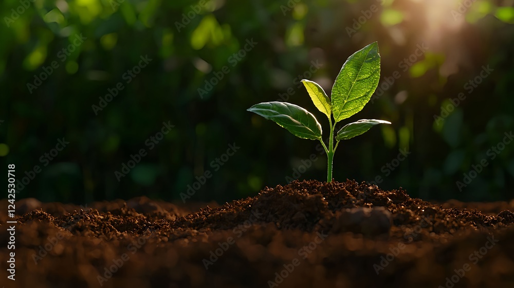 Fototapeta premium Green Seedling Emerging from Dark Soil at Sunrise