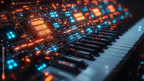 Close-up view of a futuristic synthesizer keyboard with glowing circuit patterns and vibrant lights photo