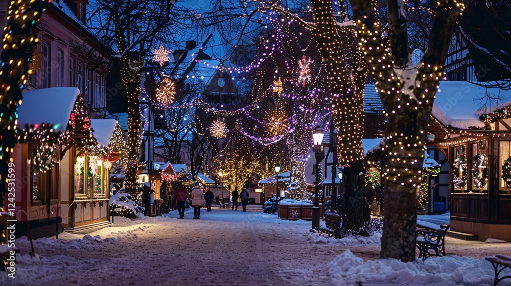 Fototapeta premium Brightly decorated Christmas lights in a town square