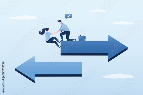 Businessman supporting each other to climbing up to right way arrow from falling down business, teamwork helping from crisis to successful business.