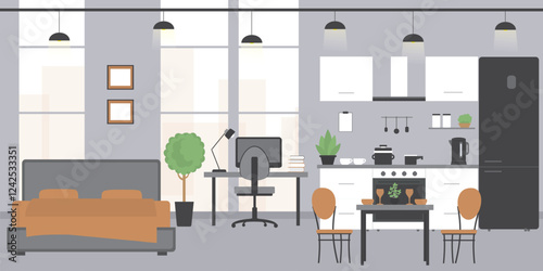 Empty Studio apartment with big windows. Bed, workspace and kitchen with utensils. Nobody, modern inteior with furniture.