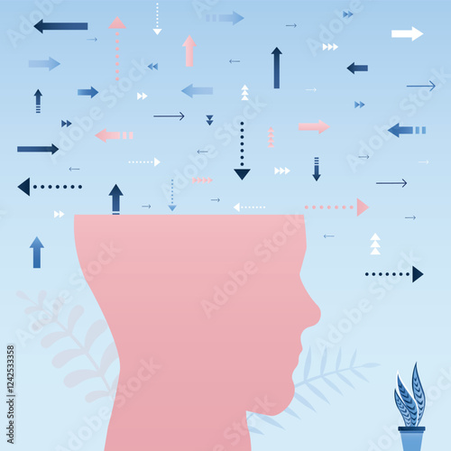 Thoughts and options. Various arrows in head, decisions, uncertainty. Choice, option or opportunity, challenge to select career path, decide business direction,