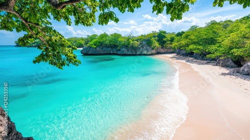 Colorful Tropical and Exotic Location A vivid tropical beach scene with turquoise water, golden sands, and lush greenery under a bright sky. photo