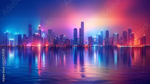 Vivid city skyline with colorful lights