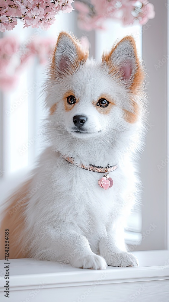 Petfluencer, pet idol, Charming Hyper-Realistic Portrait of a Dog Surrounded by Delicate Blossoms in a Bright, Modern Space Petfluencer, pet idol, Charming Hyper-Realistic Portrait of a Dog Surrounded by Delicate Blossoms in a Bright, Modern Space