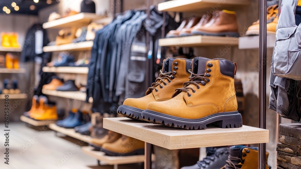 A stylish footwear display featuring rugged boots, with a backdrop of apparel in a modern retail environment. A stylish footwear display featuring rugged boots, with a backdrop of apparel in a modern retail environment.