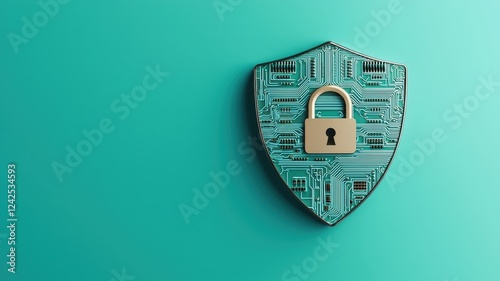 A digital shield with a lock symbolizes cybersecurity and protection against online threats, set against a teal background.