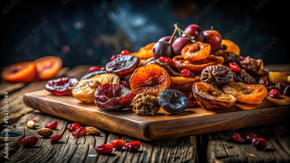 Fototapeta premium Dark, moody still life: decaying fruit on a plank, captured with long exposure night photography.