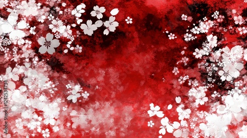Red Watercolor Background with White Cherry Blossoms