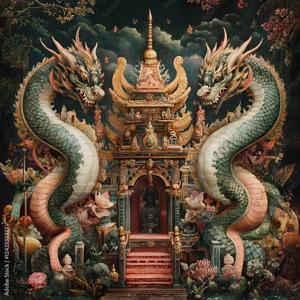 Obraz premium Intricate dragon temple, vibrant mythical architecture with twin dragons, showcasing detailed carvings and lush surroundings.