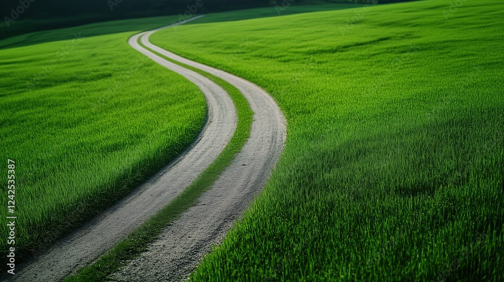 Curved country road through green wheat fields. Rural landscape and agriculture concept Curved country road through green wheat fields. Rural landscape and agriculture concept