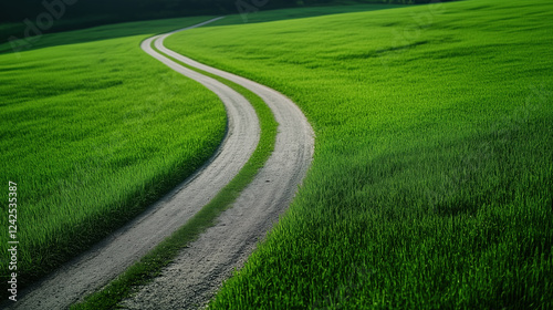 Curved country road through green wheat fields. Rural landscape and agriculture concept