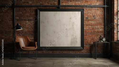 A landscape frame mockup with a black metal edge, set on an exposed brick wall with industrial elements