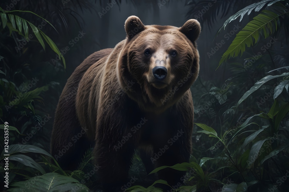 Obraz premium a bear stalks its prey in the misty darkness of the tropical forest hiding in the bushes.