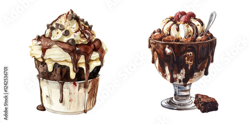 chocolate brownie sundae watercolor vector illustration