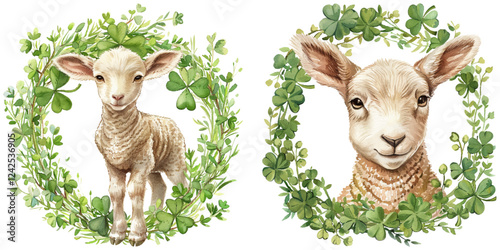 irish lamb with clovers wreath watercolor vector illustration