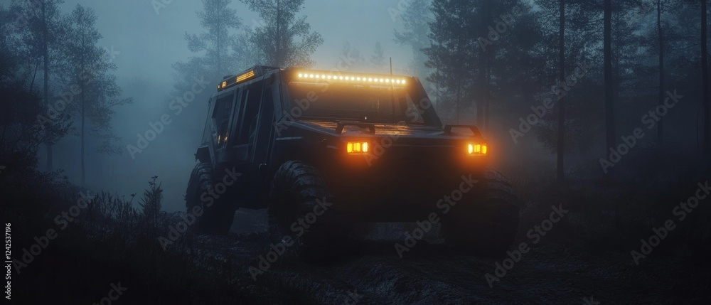 Mysterious Vehicle with Illuminated Lights Driving Through Foggy Forest at Night Mysterious Vehicle with Illuminated Lights Driving Through Foggy Forest at Night