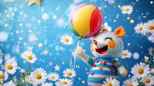 Playful creature holding a colorful balloon surrounded by daisies and stars photo