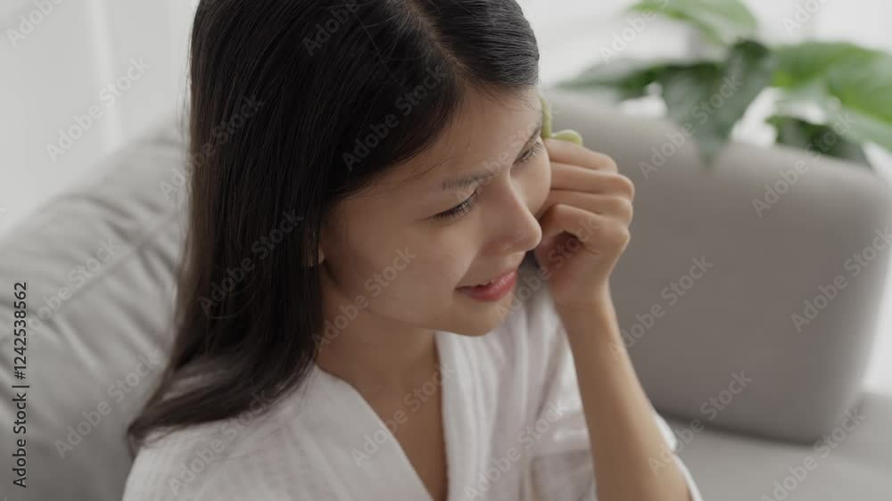 Asian woman in bathrobeses gua sha quarz lifting tool on face. Woman self massage with jade gouache scraper Asian woman in bathrobeses gua sha quarz lifting tool on face. Woman self massage with jade gouache scraper