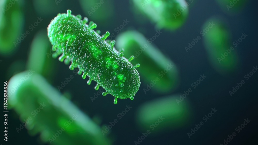 Fototapeta premium Microbial action in green bacteria laboratory environment science visualization close-up perspective