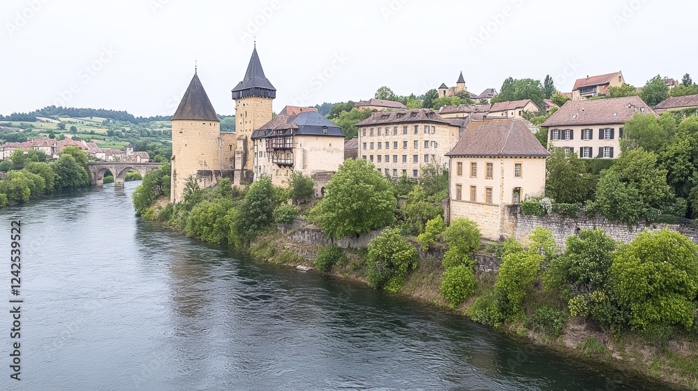 Riverfront Medieval Town with Fortified Castle Towers Riverfront Medieval Town with Fortified Castle Towers