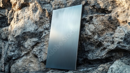 Sleek metal sign leaning on a natural stone wall Mockup for advertising banners or design photo
