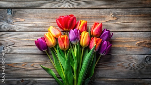 Surreal Spring Tulips on Wooden Grey Background - Vibrant Floral Arrangement with Colorful Orange, Red, Pink, and Purple Blooms in a Minimalist Setting