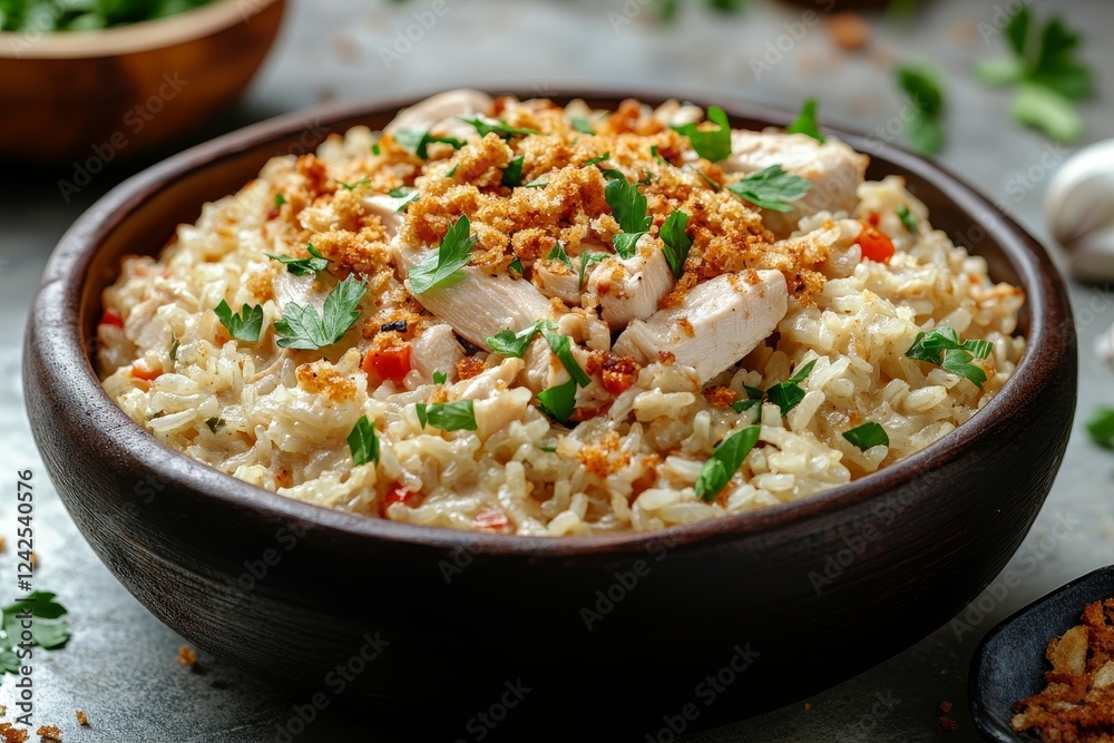 Creamy Chicken Rice Bake, Parsley Garnish, Kitchen Setting, Food Photography Creamy Chicken Rice Bake, Parsley Garnish, Kitchen Setting, Food Photography