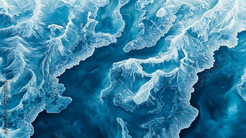 Close-Up of the Surface Texture of an Icy Lake with Intricate Frozen Details and Crystals photo