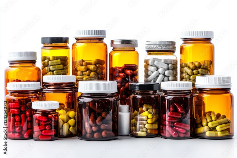 2420. Multi-tiered view on a collection of medicine bottles, studio lighting, isolated on a white background --ar 3:2 --v 6.1 Job ID: 376588bb-e97d-4486-afa8-d354a417f855 2420. Multi-tiered view on a collection of medicine bottles, studio lighting, isolated on a white background --ar 3:2 --v 6.1 Job ID: 376588bb-e97d-4486-afa8-d354a417f855