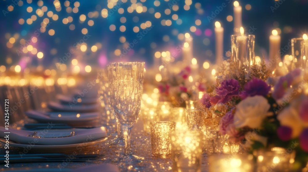 Obraz premium Romantic Candlelit Dinner Table Setting with Flowers