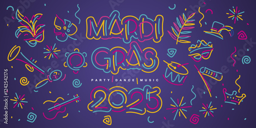 Mardi Gras 2025 Carnival handwriten line design typography party dance music elements signs symbols. Mask drums rattles guitar fanfare crown tiara flags sparkle firework confetti on purple background