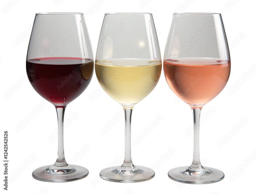 Three elegant wine glasses are arranged in a row, each filled with a different variety of wine. Three elegant wine glasses are arranged in a row, each filled with a different variety of wine.