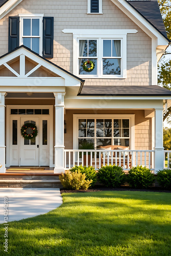 Dream House Exterior: A Stunning Suburban Home Design. This picture shows a beautiful house with a well-maintained lawn, showcasing its stunning exterior design and landscaping.