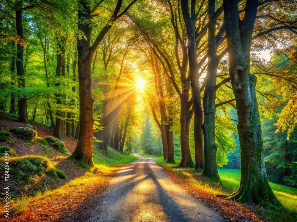 Obraz premium Lush trees frame a picturesque forest walkway, perfect for nature trail photography.