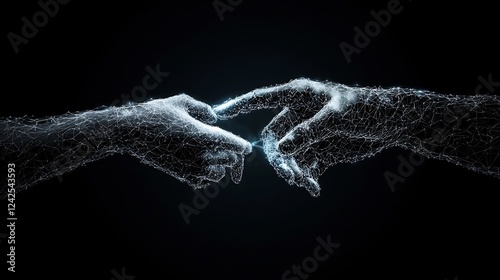 Digital hands reaching, connection, dark background, abstract art, website banner