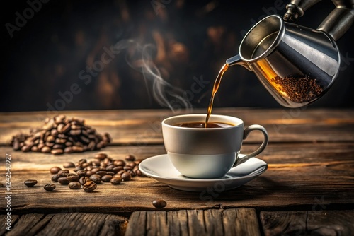 Miniature metal coffee pot pours into a white cup on a rustic wooden table, against a dark backdrop.